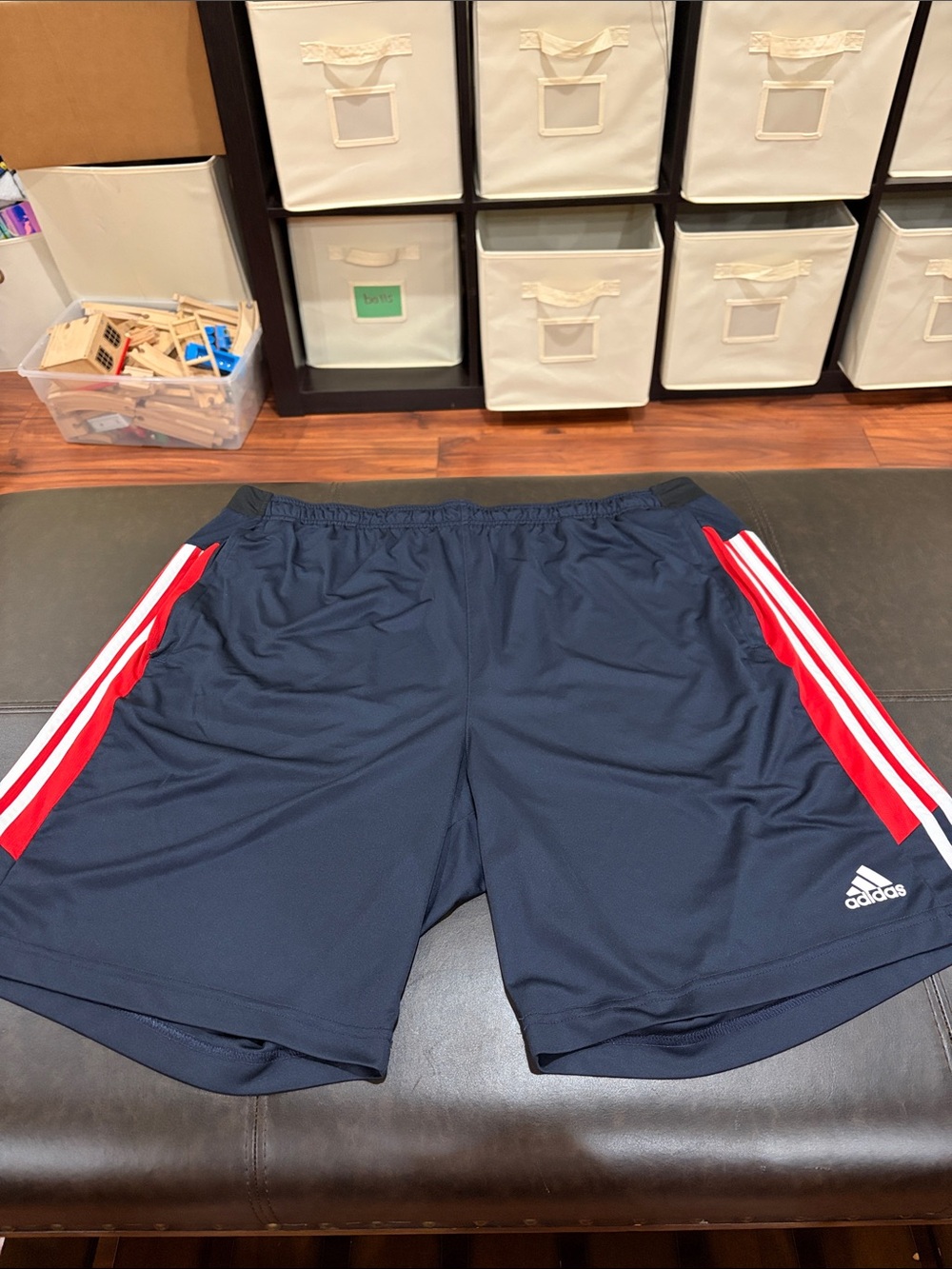 adidas Navy Athletic Shorts with Red and White Side Stripes